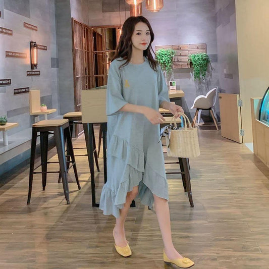 Women Vintage High Waist Loose Solid Color Dress Elegant Irregular Short Sleeve Casual Dress