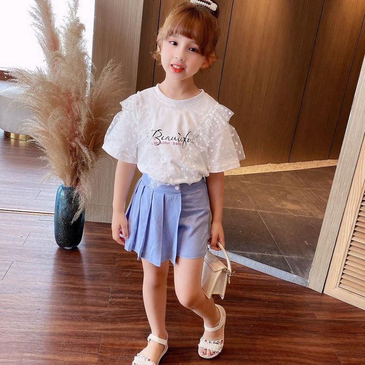 Girls' Summer T Shirt Girls' Printing Yarn Shirt Loose Version 1-8 Years Old Children's Short Sleeve Shirt Dots Folded Ruffles T Shirt