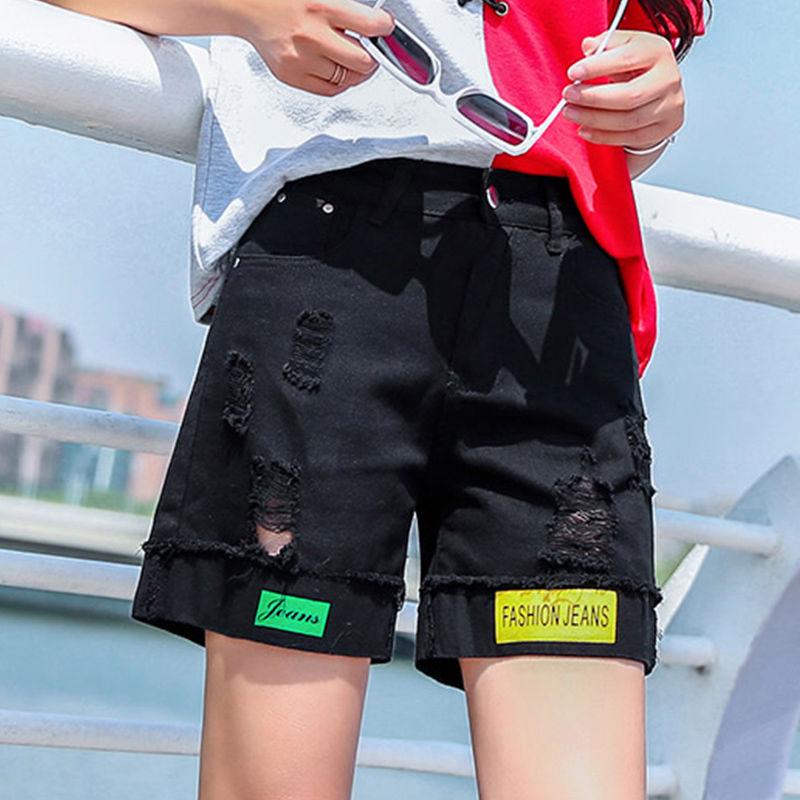 WTEMPO White Denim Shorts Women's Five-point Pants High Waist Straight Summer Loose Loose Hole Pants