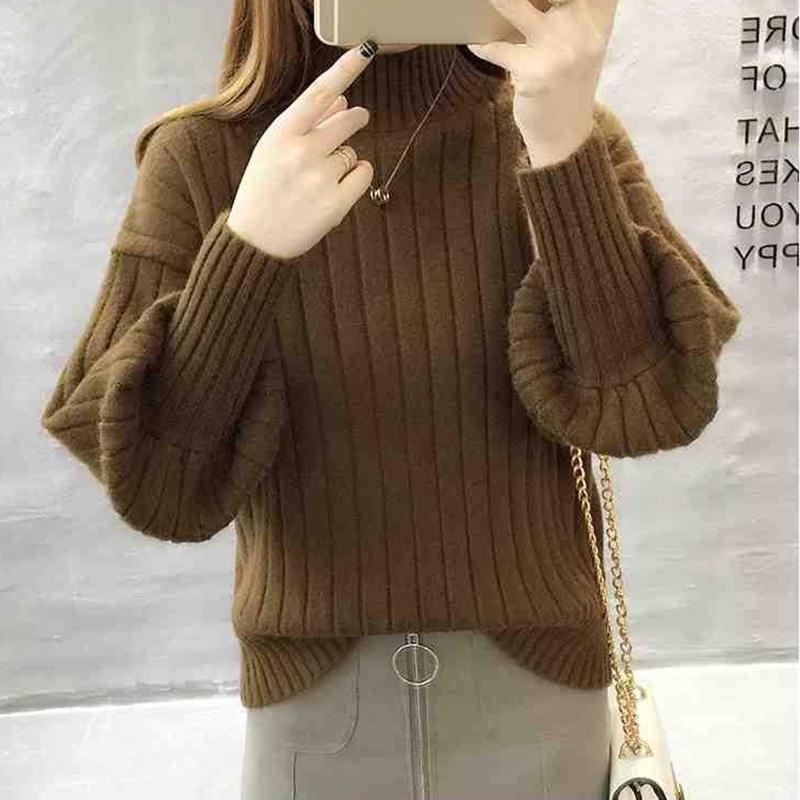 Winter Women Puff Sleeve Half Turtleneck Pullover Sweater Slim Sexy Soft Knitt Sweatshirts