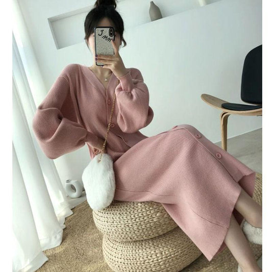 Autumn and Winter Casual French Dress INS Style V-neck Lantern Sleeve Bottoming Dress Fashionable Knitted Female Sweater Dress