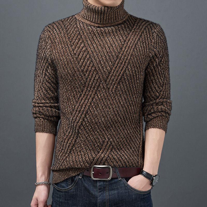 Men's Turtleneck Sweater Autumn and Winter Thickening Warm Bottoming Shirt Slim Fit All-match Youth Knitted Sweater