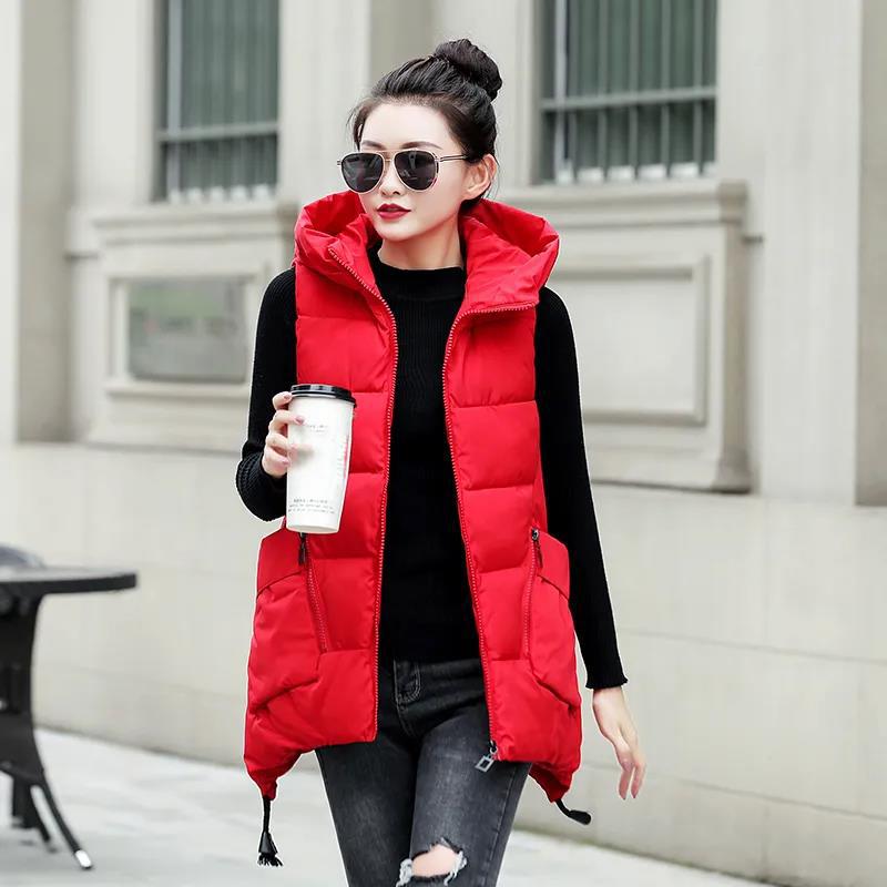 Autumn and Winter Women Down Cotton Vest Thick Hooded Sleeveless Cotton Coats Plus Size Lady Warm Clothing