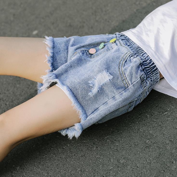 Summer Children's Tassel Pierced Girl and Boy Hole Denim Bow Shorts Korean Style Button Denim Pants