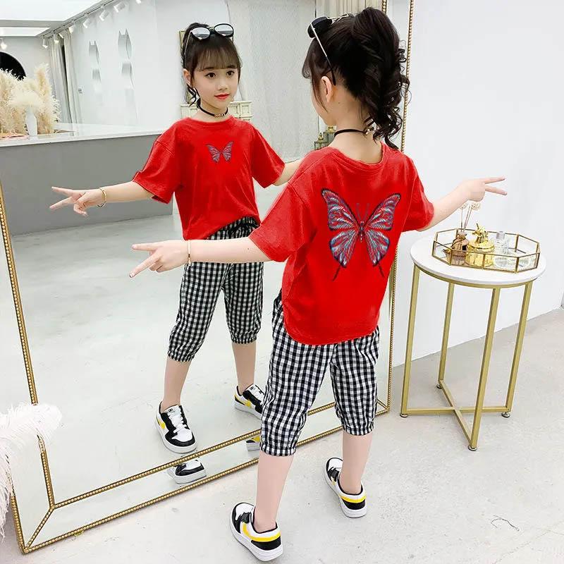 Girls T-Shirt + Plaid Pants Cotton Suit Summer Breathable Cropped Pants Casual Children's Comfortable Butterfly Print Two-piece Set