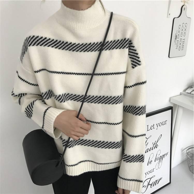 Pofulove Autumn Winter Pullover Striped Turtleneck Short Sweater Female Loose Long-sleeved Sweater