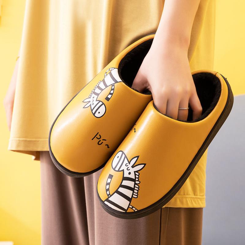 Waterproof Cotton Slippers Women PU Leather Non-slip Couples Home Slippers House Sliders Men Winter Thick Warm Cartoon Cute Indoor Shoes Bedroom