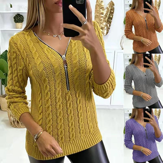 Fall Winter Warm Sweater Women V Neck Zipper Patchwork Twist Knitted Sweater Lady Loose Pullover Tops Fashion Long Sleeve Jumper