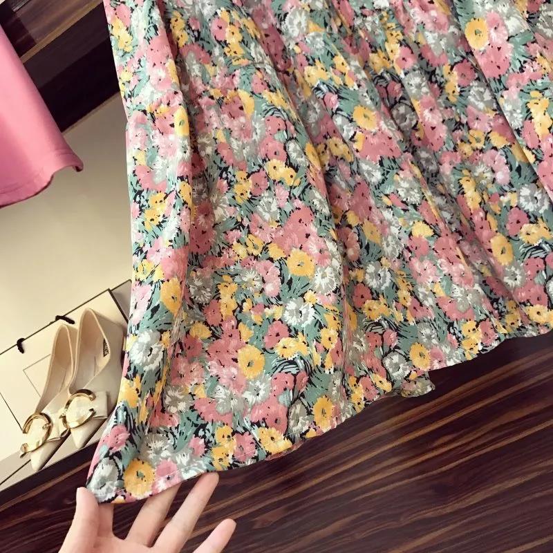 Women Summer 2 Pieces Skirt Set Pink Short Sleeve T-shirt & High Waist Floral Print Mid-length Pleated Skirt Women Casual Skirt Suit