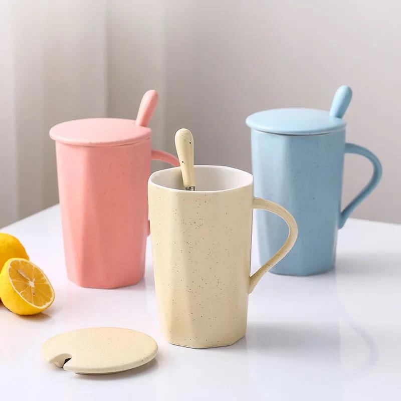 Water Cup Ceramic Mug with Lid Spoon Ins Wind Male and Female Students Home Creative Breakfast Coffee Cup Large Capacity