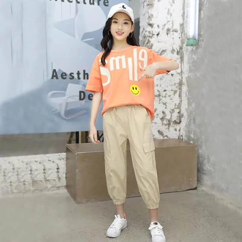 Girls Suit Spring and Summer Breathable Loose Casual Fashion Children's Short-sleeved Sports Short-sleeved Trousers Two-piece Set