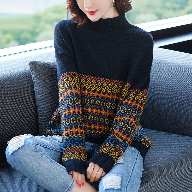 Bohemian Ladies Pullover Sweater Loose Thick Warm High Neck Sweater Vintage Printed Knitted Sweater Outer Wear Autumn Winter