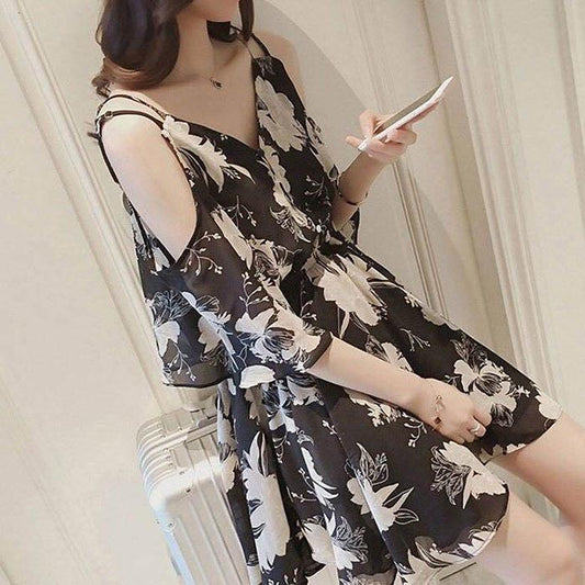 Pofulove Women Chiffon Floral Dress Slim V-neck A-line Sun-dresses Mid-length Vacation Beach Skirt