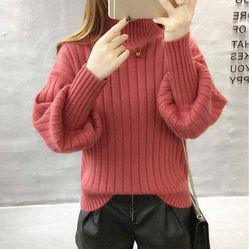 Winter Women Puff Sleeve Half Turtleneck Pullover Sweater Slim Sexy Soft Knitt Sweatshirts