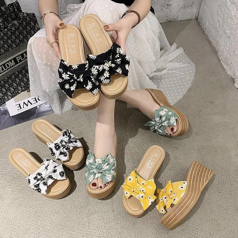 High-heeled Thick-soled Slippers Women's Summer One-word Thongs Are Thin and Heightened Bow Beach Sandals and Slippers