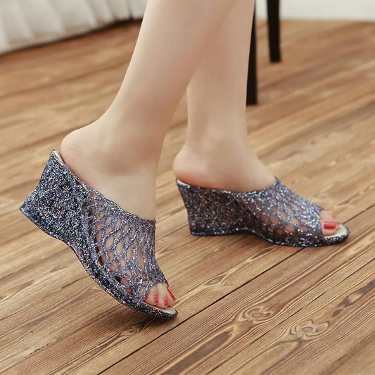 Summer Ladies Crystal Thick Bottom Wedge Plastic Sandals Jelly High Heel Non-slip Sandals High Heels Fish Mouth Shoes