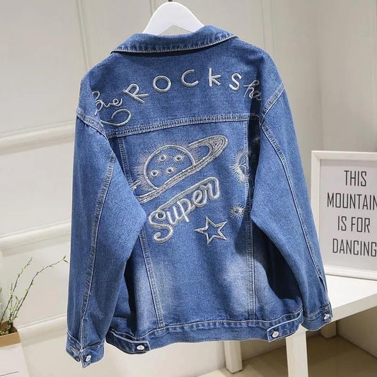 Denim Jacket Women's Spring and Autumn Style Back Sequin Embroidery Student Fashion Loose Top