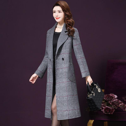 2019 Autumn Winter Wool Women Plaid Pockets Blends Office Work Long Coats Fashion Brand Lady Slim