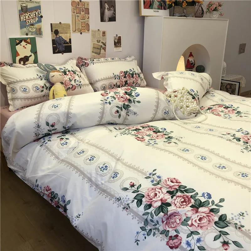 Simple Floral Cotton Bedding, Large Washed Cotton Double Bed Single Quilt Cover Four-piece Set