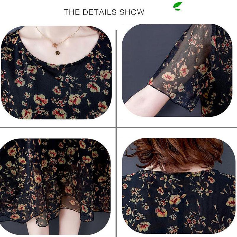 Large Size Short-sleeved Dress Women Summer Mid-length Round Neck Print Small Floral Comfort and Cool