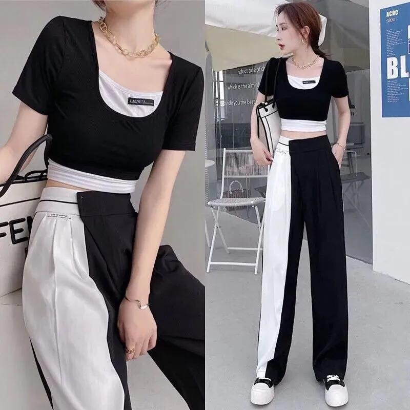 2PCS Women's Summer Sports and Leisure Age Reduction Suit Short T-shirt + High Waist Wide Leg Pants Suit Two-piece Set