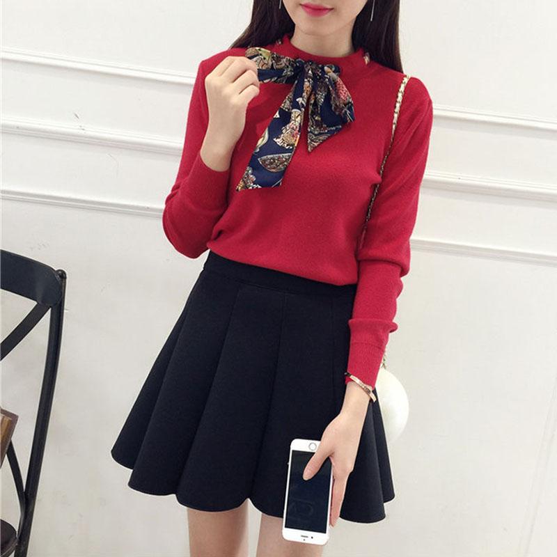 Autumn and Winter Knitted Long-sleeved Sweater Pullover Solid Color Round Neck Blouse Bow Tie Fashion Women's Bottoming Shirt