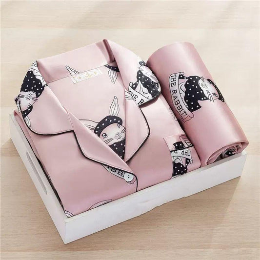 Ice Silk Long-sleeved Thin Women's Pajamas Sexy Korean Style Cute Spring and Summer Plus Size Two-piece Suit