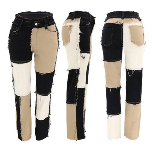 Trend Mixed Color Stitching Ripped Jeans High Waist Tight Hip Women's Straight Denim Trousers- XS To 2XL