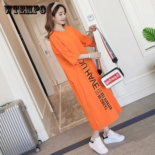 Women Dress Girl Loose O-Neck Batwing Sleeve Cotton Casual T-shirt Dress Long Style Vestido