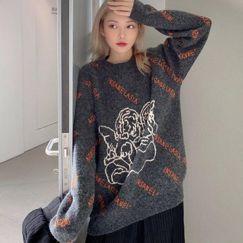 Autumn Winter  Women Fashion Sweater Casual Knitting Sweater Round Neck Pullovers Loose Casual Long Sleeve Sweater