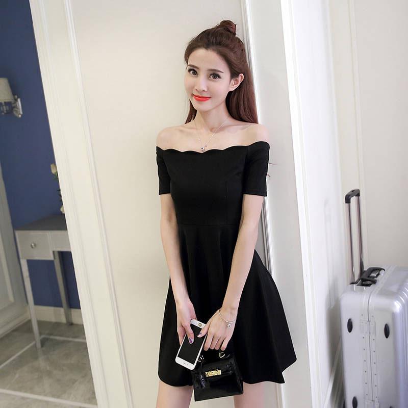 Pofulove Sexy Off-Shoulder Dress slim Black Evening Dress Strapless dress above knee A-line dress