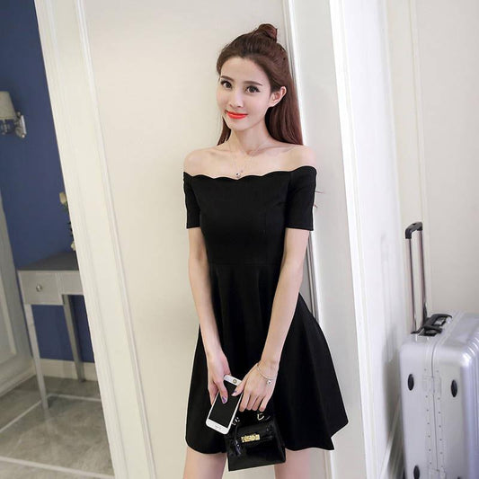 Pofulove Sexy Off-Shoulder Dress slim Black Evening Dress Strapless dress above knee A-line dress