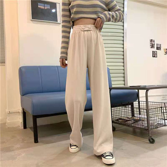 WTEMPO Women's Wide-leg Pants Super Long Elastic Waist Mid-waist  Straight Loose Casual Daily