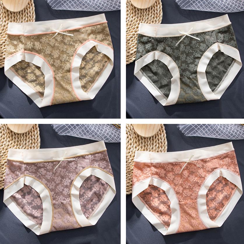 4Pcs/Set Women's Large Size Cotton Crotch Lace Panties Female Soft Breathable Low-waist Seamless Solid Color Briefs