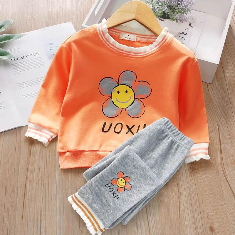 Baby Solid Color Printed Long Sleeve Pullover Sweater Gray Lace Pants Two Pieces Spring and Autumn Suit Casual Children's Cotton Comfortable Soft Suit