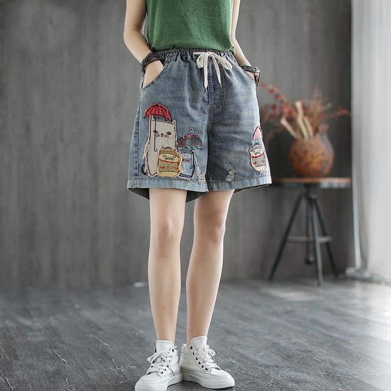 WTEMPO High-waist Denim Shorts Women Loose Wild Thinner Embroidery Elastic Waist Broken Hole Embroidery Retro Straight Leg Pants