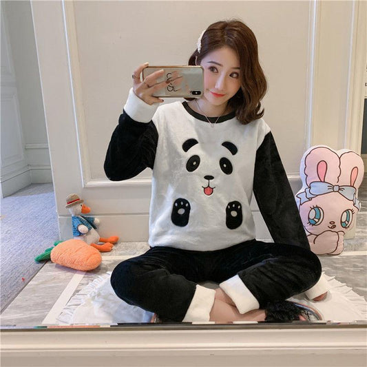 Korean Student Long-sleeved Thickened Flannel Plus Size Home Service Suit Female Winter Coral Fleece Cute Pajamas