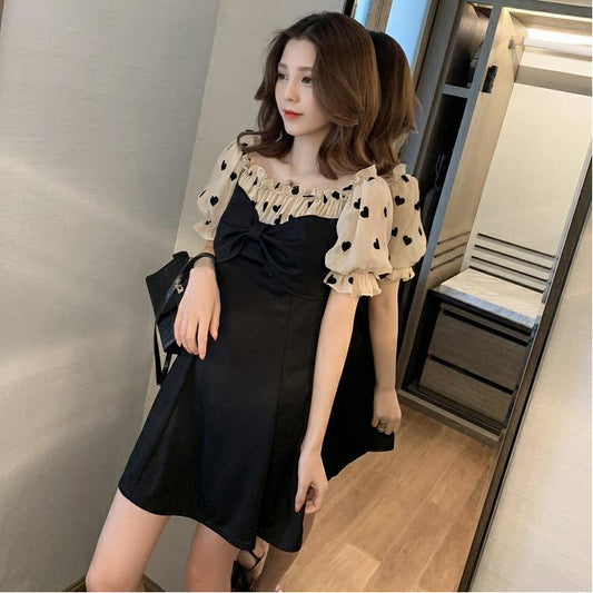 Streetwear Dress Women Summer Polka Dot Transparent Mesh Short Sleeve Spliced A Line Bow Tie Dress