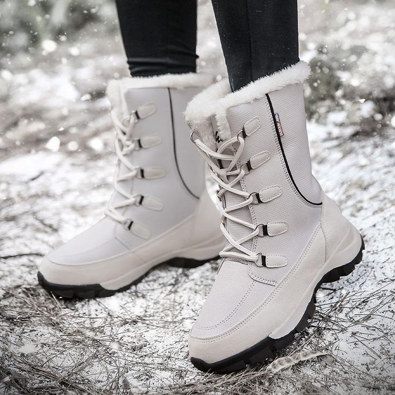 Warm Snow Boots Women Winter Plus Velvet Thick Leather Mid-tube Boots Waterproof Non-slip Outdoor Ski Cotton Shoes Cotton Boots