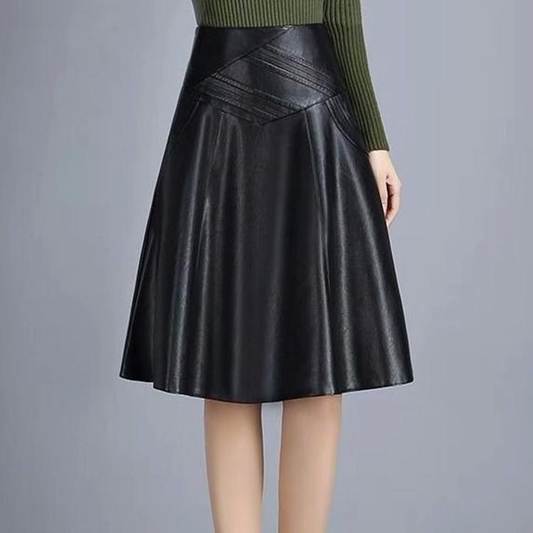 Women Spring Autumn PU Leather Skirts Lady High Waist A-line Skirt Midi Length Black Skirt Women