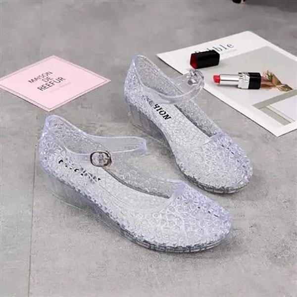 Crystal Sandals Women's Summer Transparent Beach Shoes Mid-heel Wedge with A Word Buckle Hollow Non-slip Hole Shoes