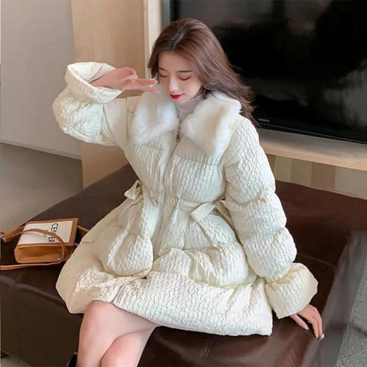 Women's Solid Color Down Jacket Mid-length Down Jacket Winter Korean Style Loose Coat Warm Stand-collar Down Jacket Quilted Jacket