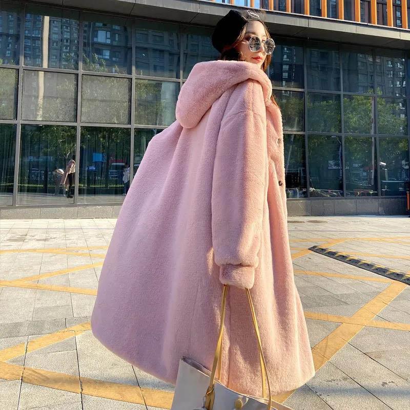 WTEMPO Winter Imitation Mink Thick Fur Fur Loose Coat Mid-length Hooded Women