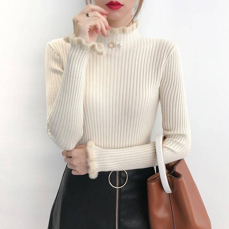 Winter Plus Velvet Thick Sweater Bottoming Shirt Women's Solid Color Slim Thin Warm Sweater Women