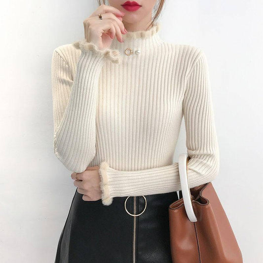 Winter Plus Velvet Thick Sweater Bottoming Shirt Women's Solid Color Slim Thin Warm Sweater Women