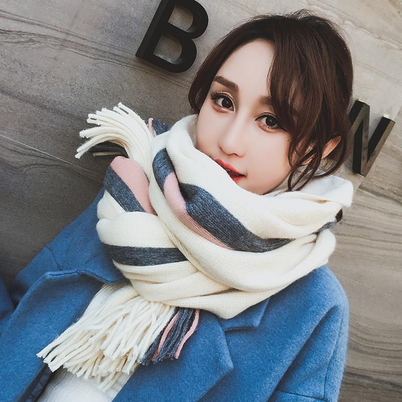 Scarfs for Women Winter Outdoor Stripe Scarves Wool Neck Warmer Pashmina Bandana Pure Hijabs