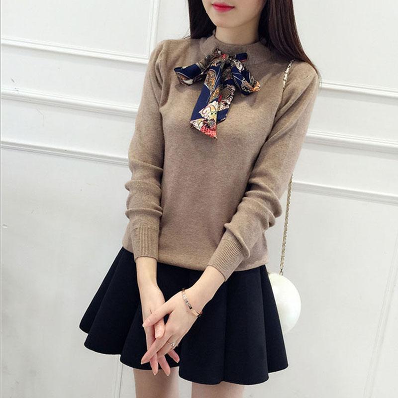 Autumn and Winter Knitted Long-sleeved Sweater Pullover Solid Color Round Neck Blouse Bow Tie Fashion Women's Bottoming Shirt