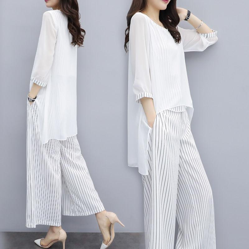 Loose Large Size Suit Covering Belly Slimming Two-piece Round Neck Shirt Loose Casual Wide-leg Pants Women Loose Slimming Chiffon Suit