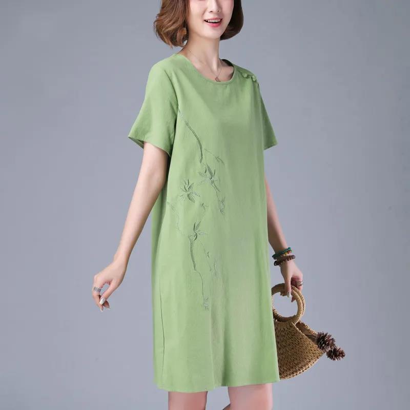 Cotton and Linen Embroidered Dress Women's Summer Ethnic Style Loose and Thin A-line Buckle Mid-length Dress