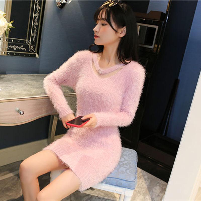 Autumn and Winter Mohair V-neck Sweater Pullover Mid-length Slim Top Solid Color Sexy Female Sweater Dress